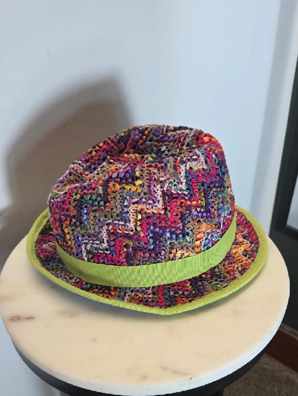 Danielle Meucci Multicolor Crochet Fedora Hat with Lime Trim